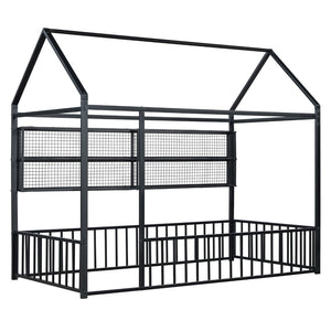 English Elm Twin House Frame Bed Powder Coated Steel with Built in Shelves for Kids Room N737P175360B