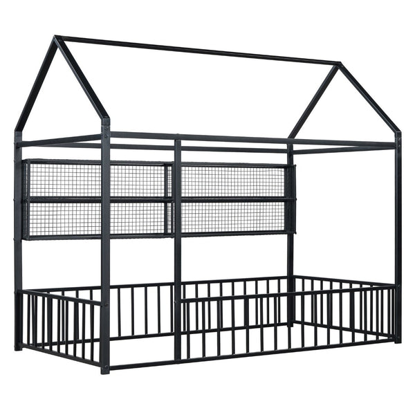 English Elm Twin House Frame Bed Powder Coated Steel with Built in Shelves for Kids Room N737P175360B