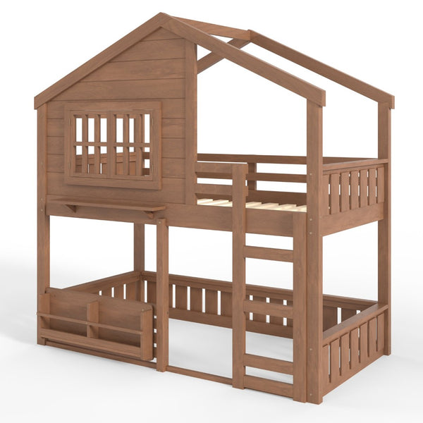 English Elm Full Bunk Bed with Trundle Bookshelf Storage Pine Frame Car Design for Kids W1580S00521