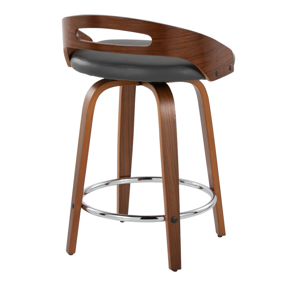 English Elm Cassis 24" Mid-Century Modern Counter Stool Set Of 2 - Swivel Walnut Wood & Grey Faux Leather Elegance B202S00015