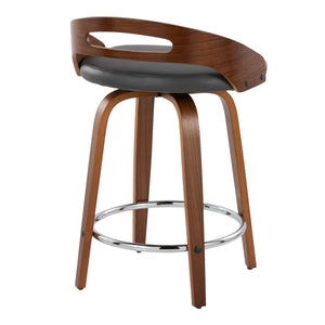 English Elm Cassis 24" Mid-Century Modern Counter Stool Set Of 2 - Swivel Walnut Wood & Grey Faux Leather Elegance B202S00015