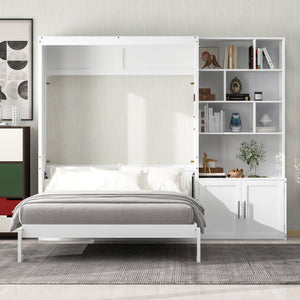 English Elm Full Full Size Murphy Bed with Hidden Cabinet, Multiple Shelves, Space-Saving White Design, 600lb Capacity GX000383AAK