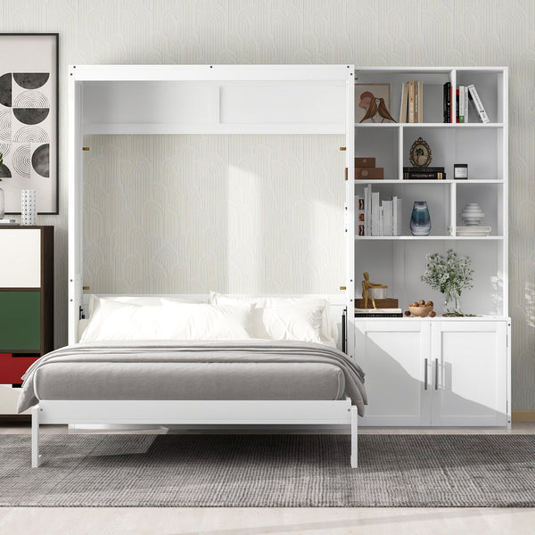 English Elm Full Full Size Murphy Bed with Hidden Cabinet, Multiple Shelves, Space-Saving White Design, 600lb Capacity GX000383AAK