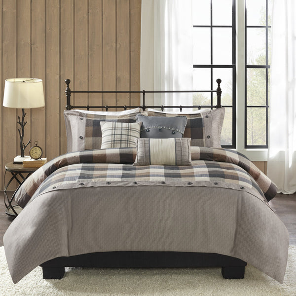 English Elm King/Cal Ridge 6-Piece Herringbone Duvet Cover Set - Buffalo Plaid Cabin Style, Embroidered Pillows, Button Closure, Cozy Lodge Bedding 92"x104" B03597354