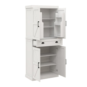 English Elm 71" Kitchen Pantry Storage Cabinet - 4 Doors, 1 Drawer, 2 Adjustable Shelves, Freestanding White Cupboard W282108550