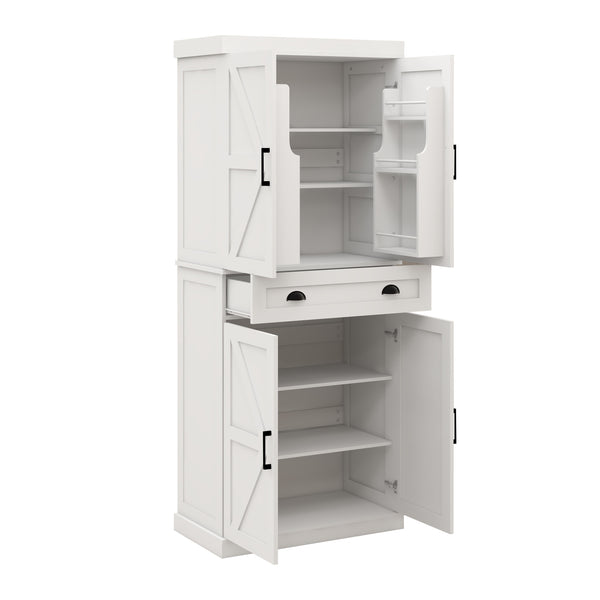 English Elm 71" Kitchen Pantry Storage Cabinet - 4 Doors, 1 Drawer, 2 Adjustable Shelves, Freestanding White Cupboard W282108550