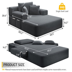 English Elm Luxurious Corduroy Convertible Chaise Lounge Sofa Bed with Foam Support for Apartments Dark Gray W3219P449014