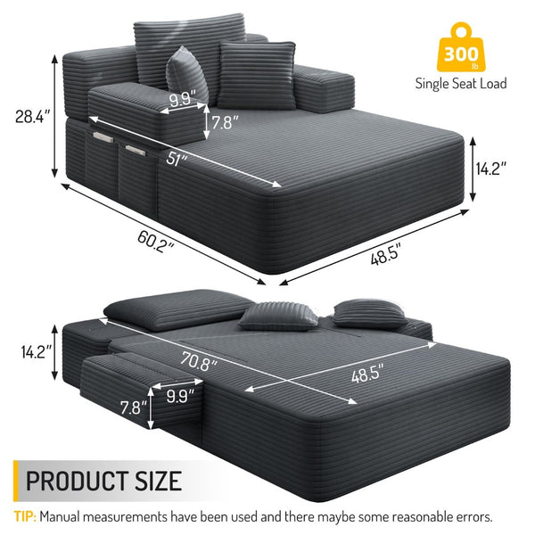 English Elm Luxurious Corduroy Convertible Chaise Lounge Sofa Bed with Foam Support for Apartments Dark Gray W3219P449014