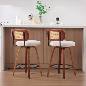 English Elm Set of 2 Swivel Counter Stools Walnut Frame Rattan Back Linen Seat Kitchen Island Beige W1143P392171