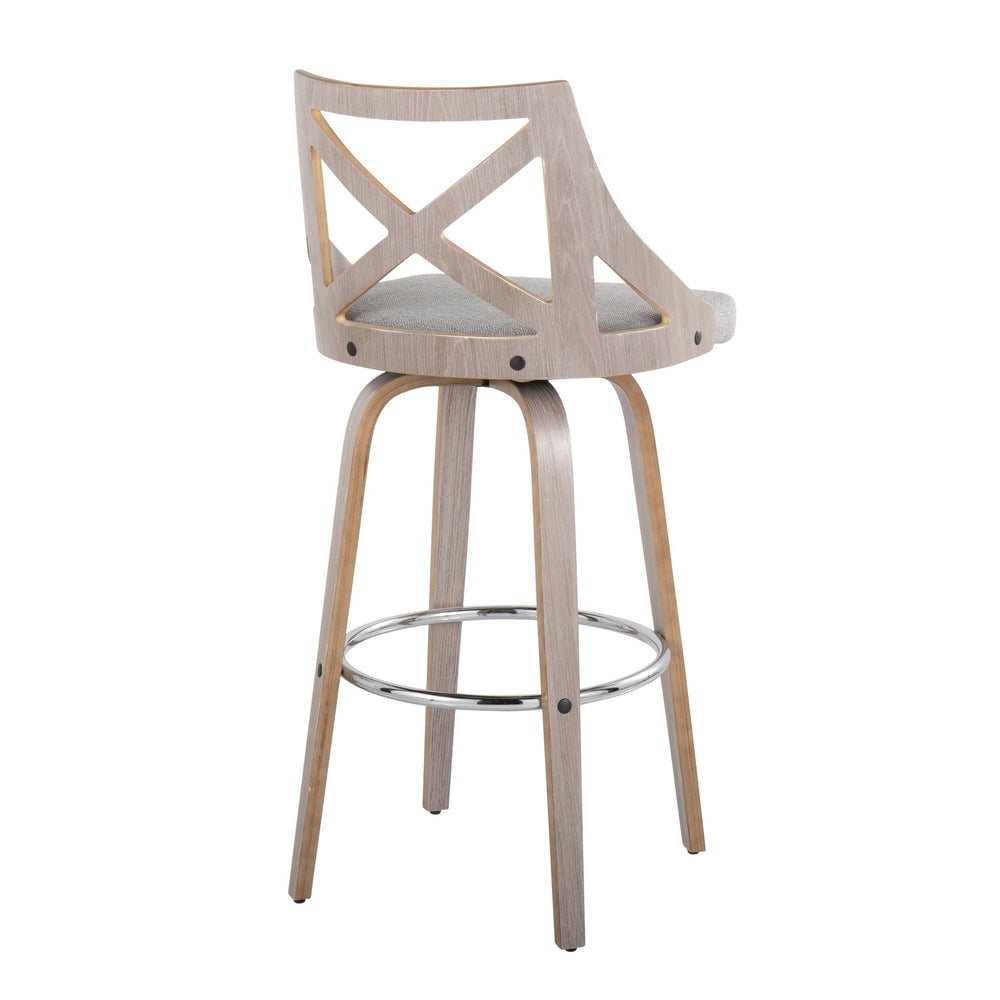 English Elm Charlotte 30" Farmhouse Barstool with Swivel, X-Back Upholstered Seat, Bent Wood Legs & Chrome Footrest Grey B202S00493