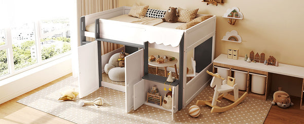 English Elm Twin House Loft Bed with Pull Out Rolling Desk Stair Drawers and Cabinet Storage White+Gray N820S00074E