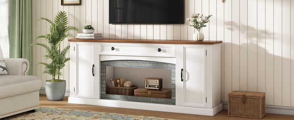 English Elm Elegant Walnut Media Console with Gray Brick Base Open Bay and Adjustable Shelving White N721P394506K