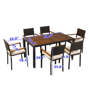 English Elm 7 piece Outdoor Patio Wicker Dining Set with Acacia Wood Table Brown Rattan Cream Cushions, Durable Elegance W329S00053