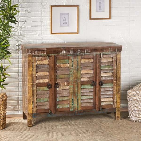 English Elm Christopher Knight Home® - Wd. Recycled Cabinet - Handcrafted Mango Wood Slatted Boho Storage Cabinet with Distressed Finish, Crescent Handles 66629.00