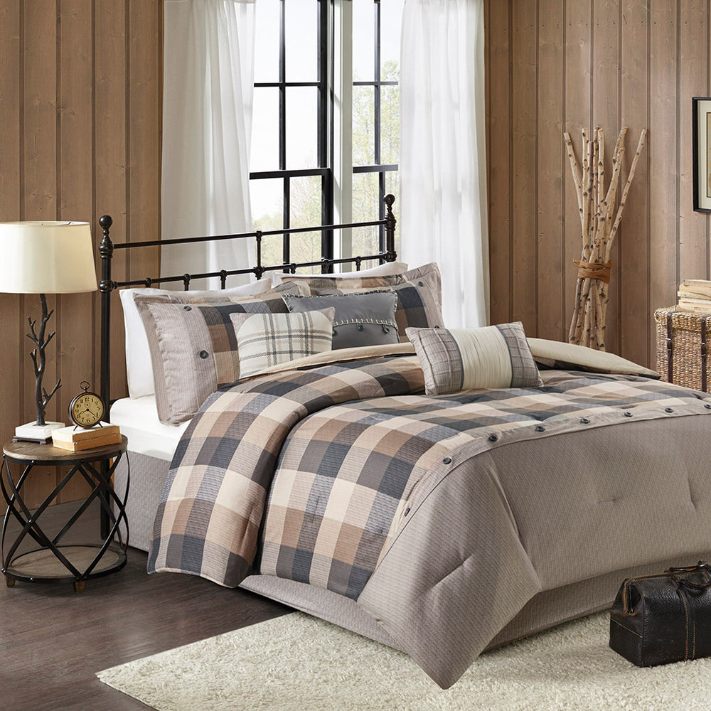 JLA Home Madison Park - 7 Piece Herringbone Comforter Set: Rustic Buffalo Plaid Cabin Bedding with Embroidered Pillows & Bed Skirt MP10-7214