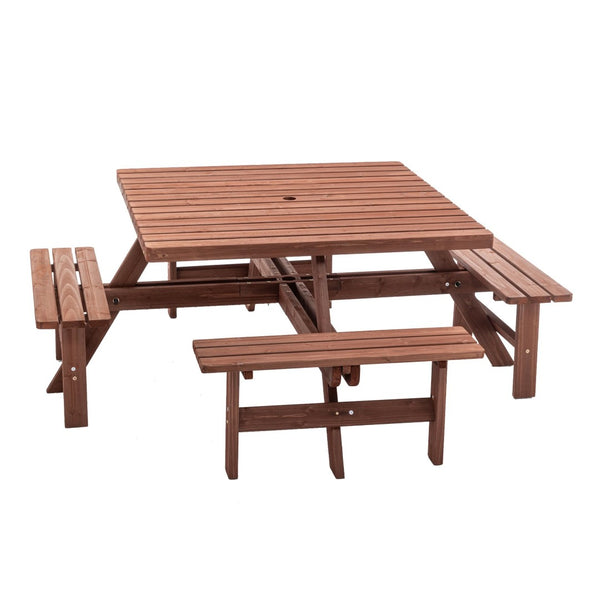 English Elm 8-person Square Wood Picnic Table with Umbrella Hole Reinforced Outdoor Dining Set W1422P392906