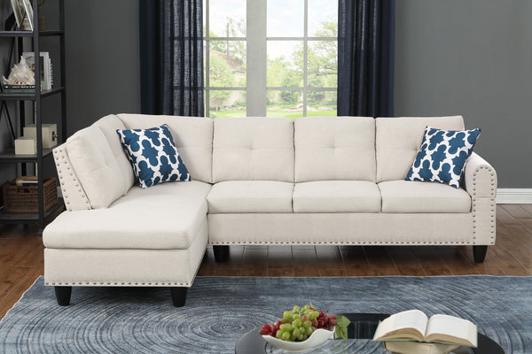 English Elm 2-Piece Alger 98" Wide Left-Hand Sofa & Chaise in Linen Blend with Tufted Backs, Nailhead Trim, Supportive Foam Cushions and Accent Pillows Beige B102S00093