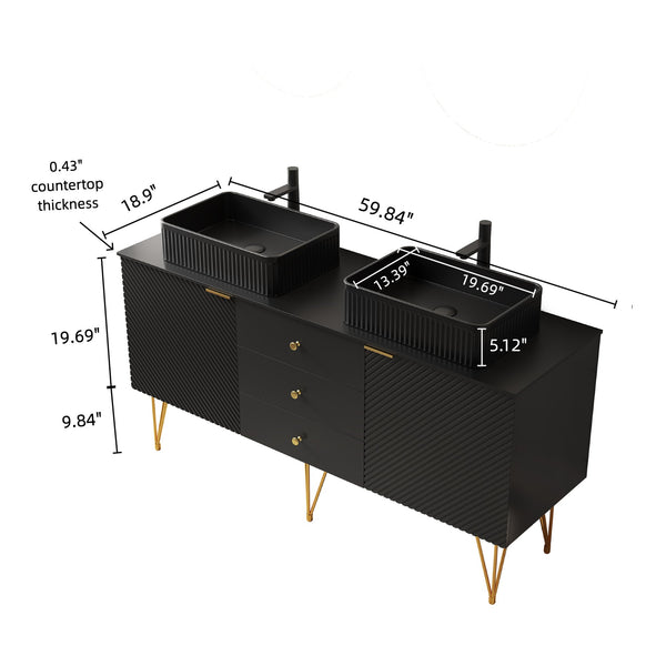 English Elm Gema 60" Modern Bathroom Vanity Set With Black Sintered Stone, Ceramic Basins & Gold Legs, Pre-Assembled W2615S00292