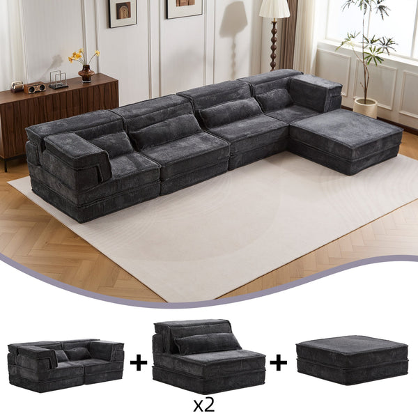 English Elm Compression Mahjong Sofa - Oversized Modular Floor Bed With Ottoman, No Assembly, Soft Fleece Fabric W3723S00037