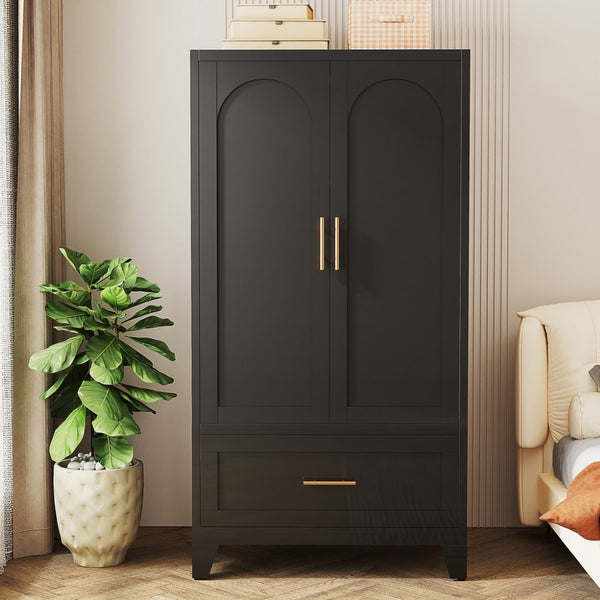 English Elm 60" Powder-coated Steel Wardrobe with Hanging Rod Drawer and Shelf for Slim Spaces W3387P396209
