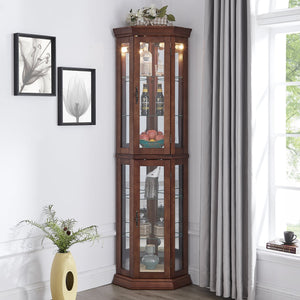 English Elm Corner Curio Cabinet Lighted Display with Mirrored Back, Adjustable Tempered Glass Shelves, Walnut W1693111239