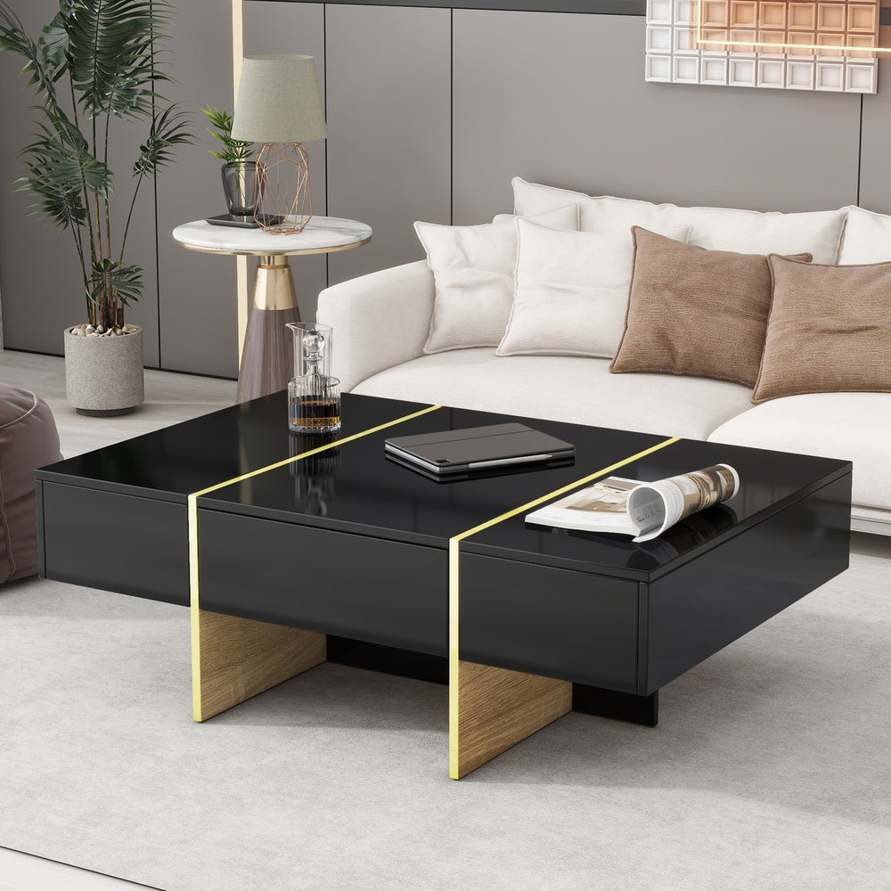 English Elm ON-TREND 47.2" x 31.4" High-Gloss Minimalist Coffee Table with 2 Drawers, Golden Wood-Grain Legs, Modern Centerpiece for Living Room Black N721P180693B