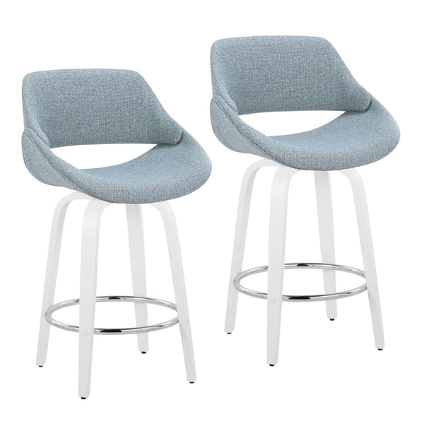 English Elm Fixed-height Swivel Counterstools with Blue Patterned Upholstery White Legs Set of 2 B202S01820
