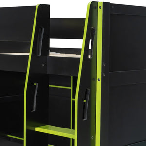 English Elm Full Size Loft Bed with Rgb Lighting Desk Open Wardrobe and Storage for Gaming Rooms Green LT000277AAG