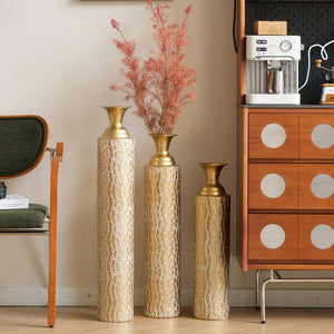 English Elm Metal Decorative Vases Set Of 3 - Antique Gold Finish With Etched Vine Patterns For Elegant Décor W2796P192834