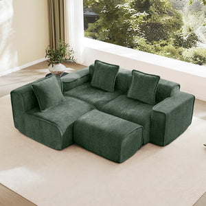 English Elm Streamlined Velvet L-shaped Sectional Sofa with Ottoman and Cloud Cushion Living Room Green W3041S00366
