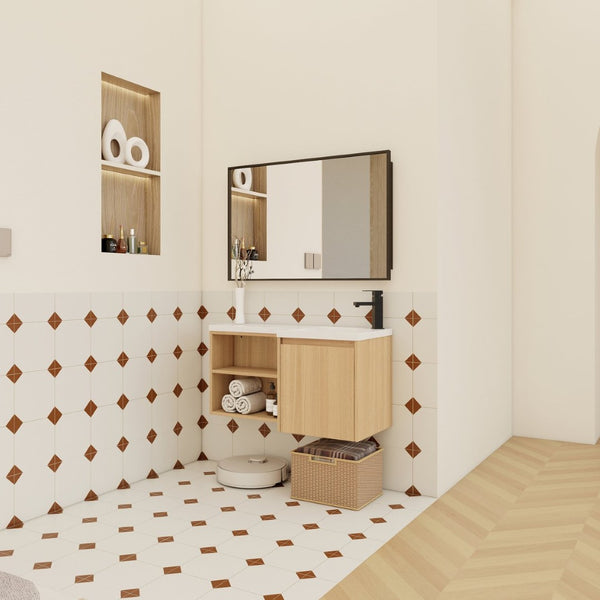 English Elm 36" Corner Floating Vanity with Integrated Resin Sink Open Shelf Light Oak Modern Bath W3450S00049