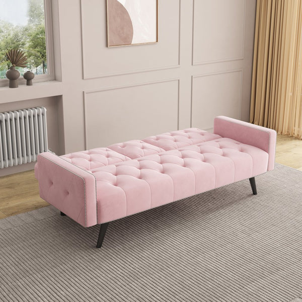English Elm 1730 Pink Velvet Sofa Bed with Nailhead Trim, 72" Convertible Sleeper for Small Spaces, 2-Seater W3371P302290
