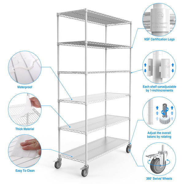 English Elm 6 Tier Wire Shelving Unit - 6000 Lbs Capacity, Adjustable Heavy-Duty Metal Rack With Wheels & Liners W1550119262