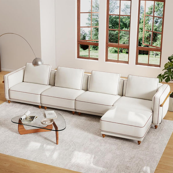 English Elm Modular Sectional Sofa: 157.5-Inch Extra-Large Cloud Sofa With Washable Cushions & Ottoman, White Luxe T3966S00011