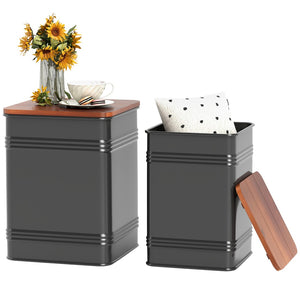English Elm Black Ridged Metal Nesting Ottoman Set with Fir Wood Lid Storage for Living Room T3971P399630