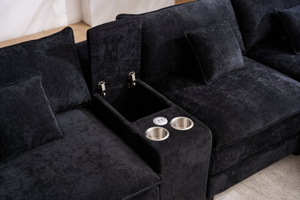 English Elm 145-inch U-shaped Sectional Sofa Seven Piece Woolen Set with Console and Memory Foam Black W2564S00051