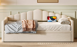 English Elm Upholstered Twin Daybed with Pop-Up Trundle, Built-In USB Type-C Charger, Side Pockets, Velvet Frame Beige 77.25 L x 17.25 W x 5.31 H N733S285118A