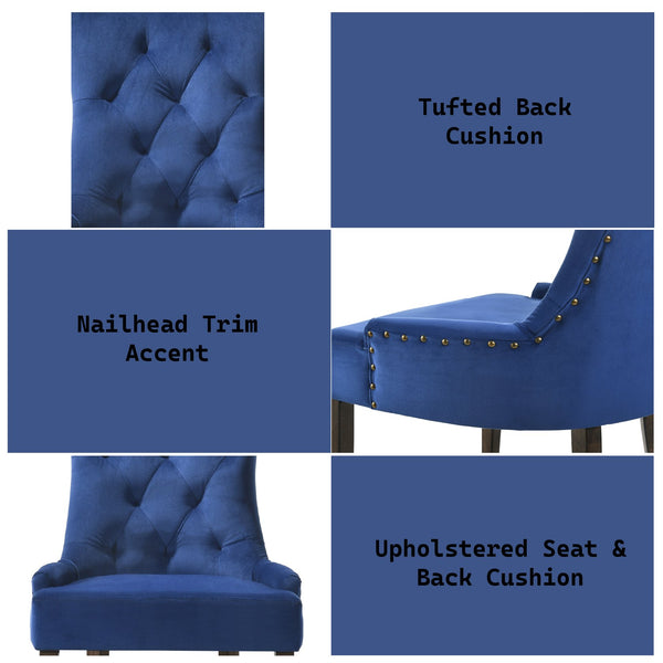 English Elm Farren Blue Velvet Side Chair Set of 2 with Tufted Back, Nailhead Trim, Plush Upholstery, Oak Finish B2726P264603