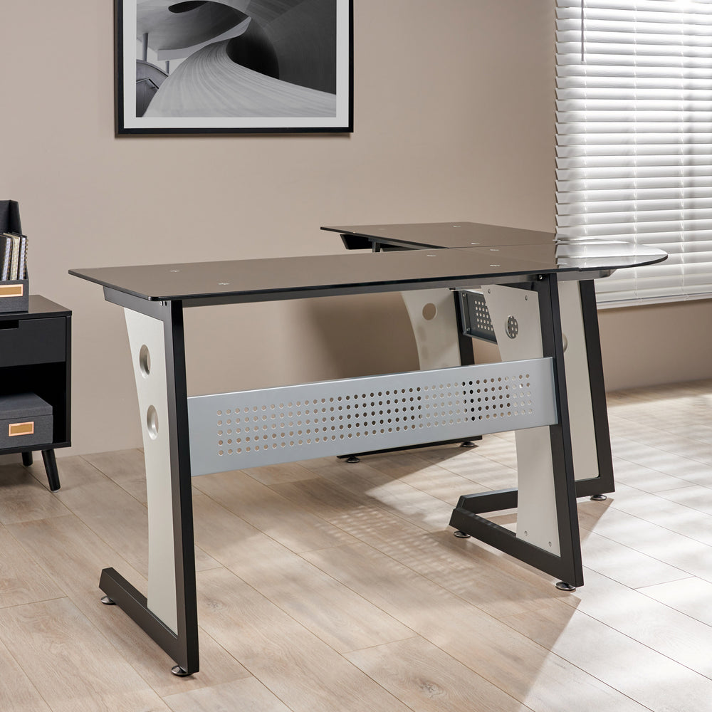 English Elm Christopher Knight Home® - L L SHAPE GLASS OFFICE DESK Modern Grey+Black Tempered Glass Top Iron Frame 64.5"W x 29.5"H Sturdy econômic 61037.00