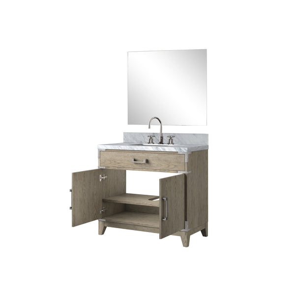 English Elm Grey Oak Single Bath Vanity Set With Carrara Marble Top, Chrome Faucet & 34” Mirror For Chic Bathrooms B2731S02011