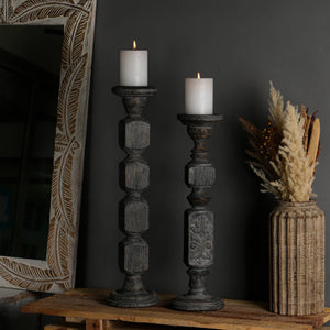 English Elm Decorative Wooden Centerpiece Candle Holder - Elegant Gray Candle Stand For Weddings & Home Décor B346P336903