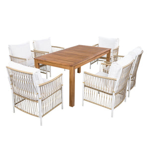 English Elm Topmax Outdoor Acacia Wood Dining Set with Six Pe Wicker Arm Chairs for Backyard SP100033AAN