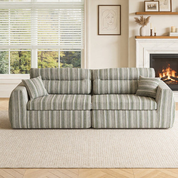 English Elm Chenille Stripe Velvet Sofa Three Seat Minimalist Upholstered Couch for Living Room Sage Green,White+Green W5532S00015