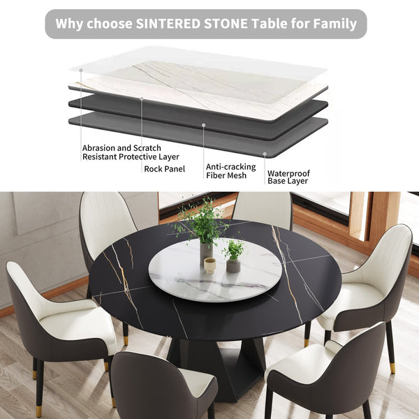 English Elm 59.05" Round Marble Dining Table With Lazy Susan, Black Iron Base For 6-8 People, Elegant Centerpiece W1535S00405