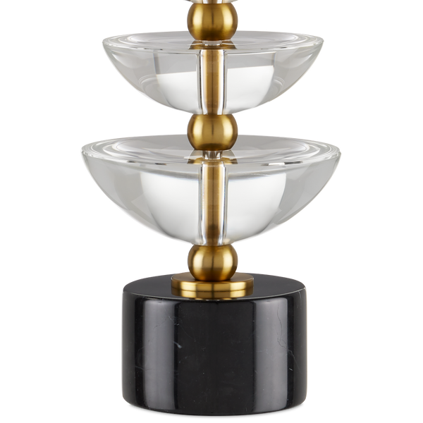 Waterfall Table Lamp - Modern Brass & Crystal Design with Black Marble Base, Off-White Shade, 27.5”
