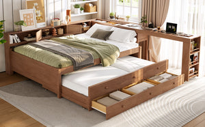 English Elm Twin Daybed Pine Frame with Trundle Desk Hutch Shelves and Storage for Kids Rooms Brown W1580S00462