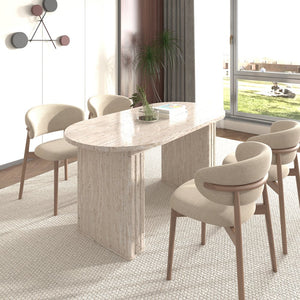 English Elm Kitchen extendable dining table with travertine-inspired melamine top, rounded edges, sturdy wooden base for family gatherings Beige W1347S00017