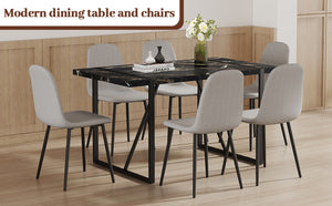 English Elm Table Modern Black Marble Mdf Dining Set With 6 Light Gray Linen Chairs - Stylish & Durable Design W1151S02704-GIGA