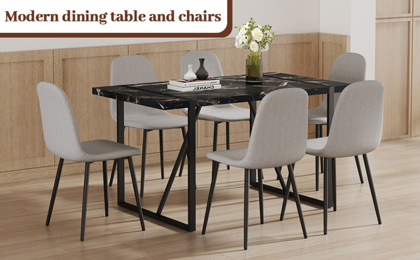 English Elm Table Modern Black Marble Mdf Dining Set With 6 Light Gray Linen Chairs - Stylish & Durable Design W1151S02704-GIGA