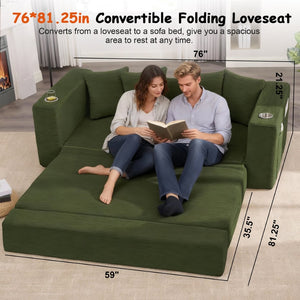 English Elm 76 Inch Sleeper Sofa Convertible Fold Flat Guest Bed with Cup Holders Space Saving Green W5385P502719